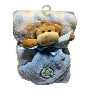 NEW Baby Gear Monkey Lovey Blue Star Polka Dot Blanket Set Orange Green